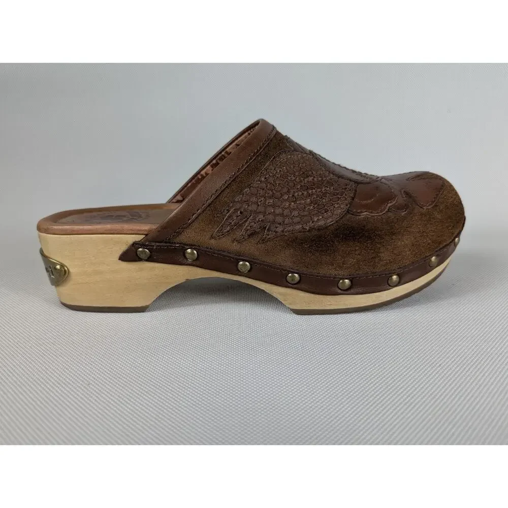 Lucky Brand Womens Wood Leather Platform Block Clogs Brown Size 6.5 M Peace